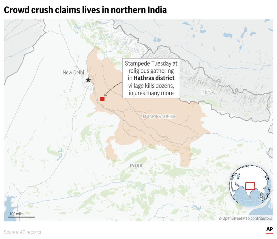 A religious gathering in northern India turned into a stampede Tuesday as thousands of people rushed to leave the event, killing at least 60. (AP Graphic)