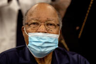 Former Health and Human Services Secretary Louis Sullivan is shown after receiving his COVID-19 vaccination on Tuesday, Jan. 5, 2021, at the Morehouse School of Medicine in Atlanta. Sullivan, baseball great Hank Aaron and others received their vaccinations in an effort to highlight the importance of getting vaccinated for Black Americans who might be hesistant to do so. (AP Photo/Ron Harris)