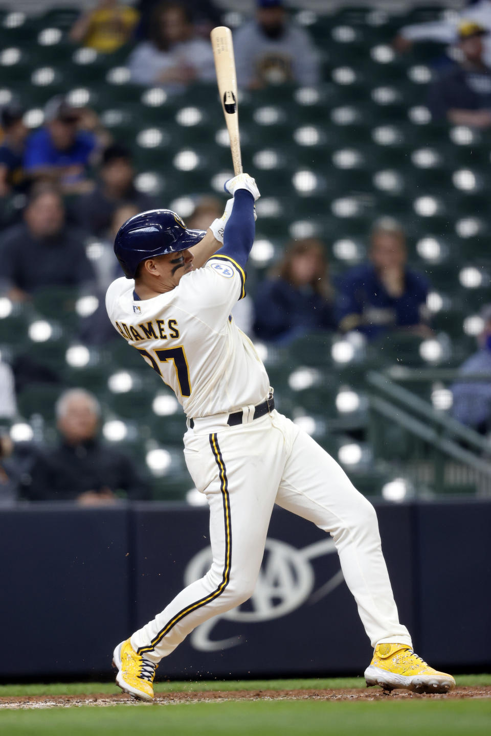 Milwaukee Brewers; Willy Adames hits an RBI single during the fifth inning of a baseball game against the San Diego Padres, Thursday, May 27, 2021, in Milwaukee. (AP Photo/Jeffrey Phelps)