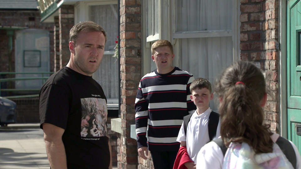 FROM ITV

STRICT EMBARGO - No Use Before Tuesday 31st August 2021

Coronation Street - Ep 10422

Monday 6th September 2021 - 1st Ep

Chesney BrownÕs [SAM ASTON] shocked to realise Hope StapeÕs [ISOBELLA FLANAGAN] going back to school and makes it clear he doesnÕt want her anywhere near Joseph. Also pictured Tyrone Dobbs [ALAN HALSALL] and Fiz Stape [JENNIE McALPINE]. 

Picture contact David.crook@itv.com 

This photograph is (C) ITV Plc and can only be reproduced for editorial purposes directly in connection with the programme or event mentioned above, or ITV plc. Once made available by ITV plc Picture Desk, this photograph can be reproduced once only up until the transmission [TX] date and no reproduction fee will be charged. Any subsequent usage may incur a fee. This photograph must not be manipulated [excluding basic cropping] in a manner which alters the visual appearance of the person photographed deemed detrimental or inappropriate by ITV plc Picture Desk. This photograph must not be syndicated to any other company, publication or website, or permanently archived, without the express written permission of ITV Picture Desk. Full Terms and conditions are available on  www.itv.com/presscentre/itvpictures/terms