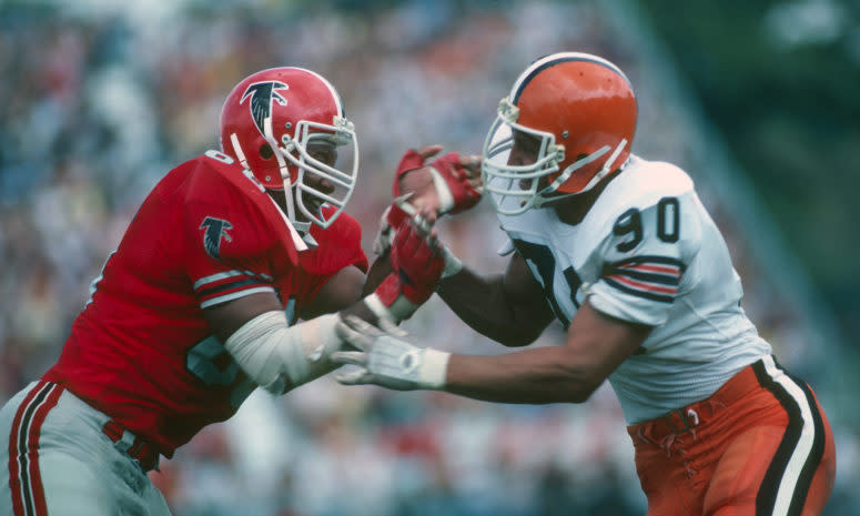 Atlanta Falcons OL Warren Bryant engages with a Cleveland Browns defender.