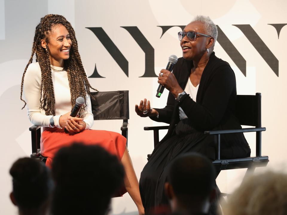 Elaine Welteroth and Bethann Hardison sit onstage at New York Fashion Week 2016