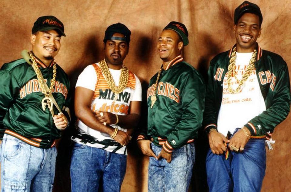 2 Live Crew poses for a photo during the height of their popularity. From left to right: Chris “Fresh Kid Ice” Wong Won, David “Mr. Mixx” Hobbs, Mark “Brother Marquis” Ross and Luther “Uncle Luke” Campbell.