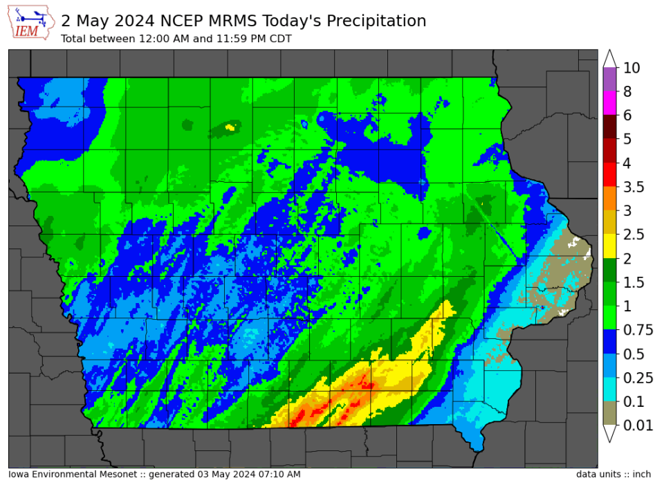 Precipitation totals in Iowa for Thursday May 2.