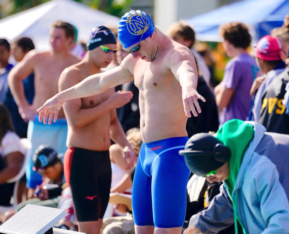 Nordhoff's Quin Seider gets ready for a race during the Ventura County Swimming Championships. Seider set meet records in the 100 and 200 freestyle events.