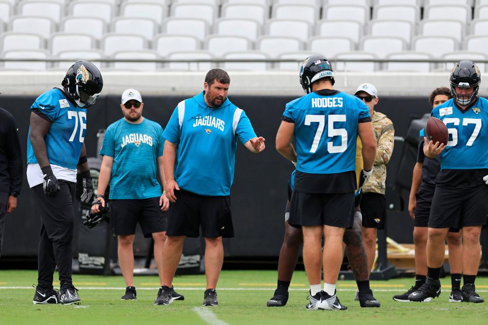 Jacksonville Jaguars offensive line coach Phil Rauscher talks to players during the first day of a mandatory minicamp Monday, June 12, 2023 at TIAA Bank Field in Jacksonville, Fla. This is the first of a three day camp June 12-14. 