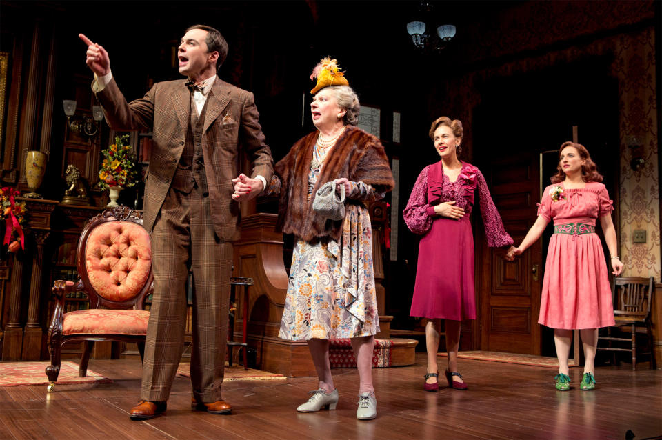 This undated theater image released by Boneau/Bryan-Brown shows, from left, Jim Parsons, Angela Paton, Jessica Hecht and Tracee Chimo in a scene from "Harvey," in New York. (AP Photo/Boneau/Bryan-Brown, Joan Marcus)