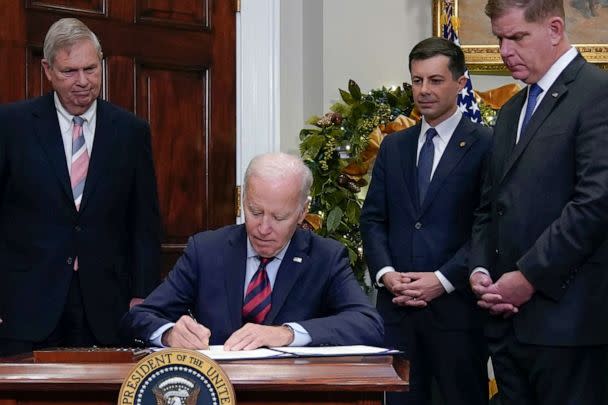 PHOTO: President Joe Biden signs H.J.Res.100, a bill that aims to avert a freight rail strike, in the Roosevelt Room at the White House, Dec. 2, 2022. (Manuel Balce Ceneta/AP)