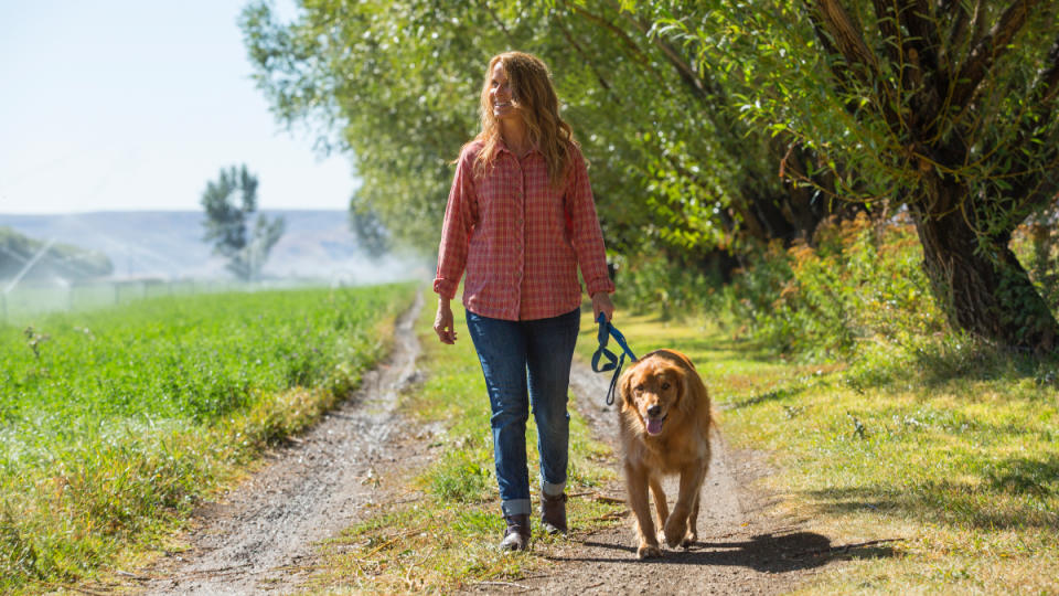 A woman walking her gold retriever dog along a green path