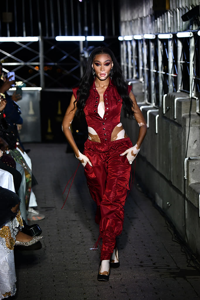 Winnie Harlow on the runway for LaQuan Smith spring ’22. - Credit: Rodin Banica for WWD