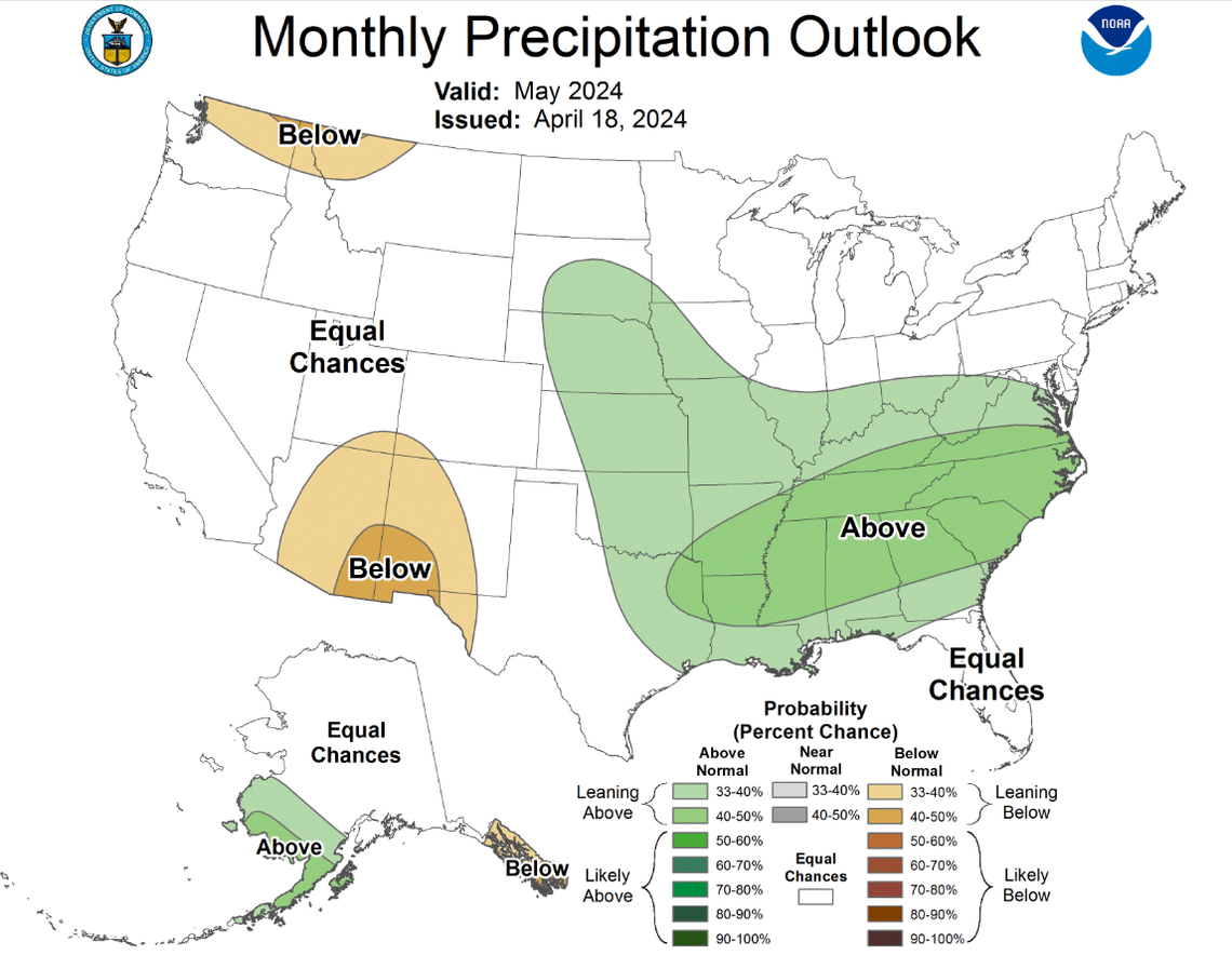 A nationwide precipitation forecast for the month of May predicts higher than average precipitation in the Kansas City area in this map from the National Weather Service’s Climate Prediction Center.