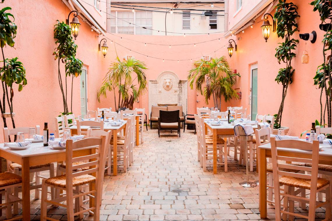 The courtyard at Calista Greek Seafood Taverna on Española Way in Miami Beach.