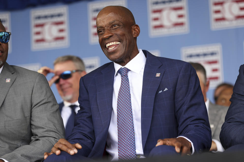 Hall of Fame inductee Fred McGriff reacts during a National Baseball Hall of Fame induction ceremony Sunday, July 23, 2023, at the Clark Sports Center in Cooperstown, N.Y. (AP Photo/Bryan Bennett)
