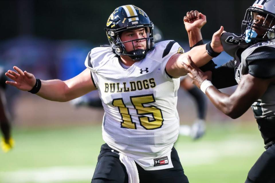 Camden Bulldogs Grayson White (15) plays defensive end during their game at Gray Collegiate Academy in West Columbia, SC, Friday, September 8, 2023.