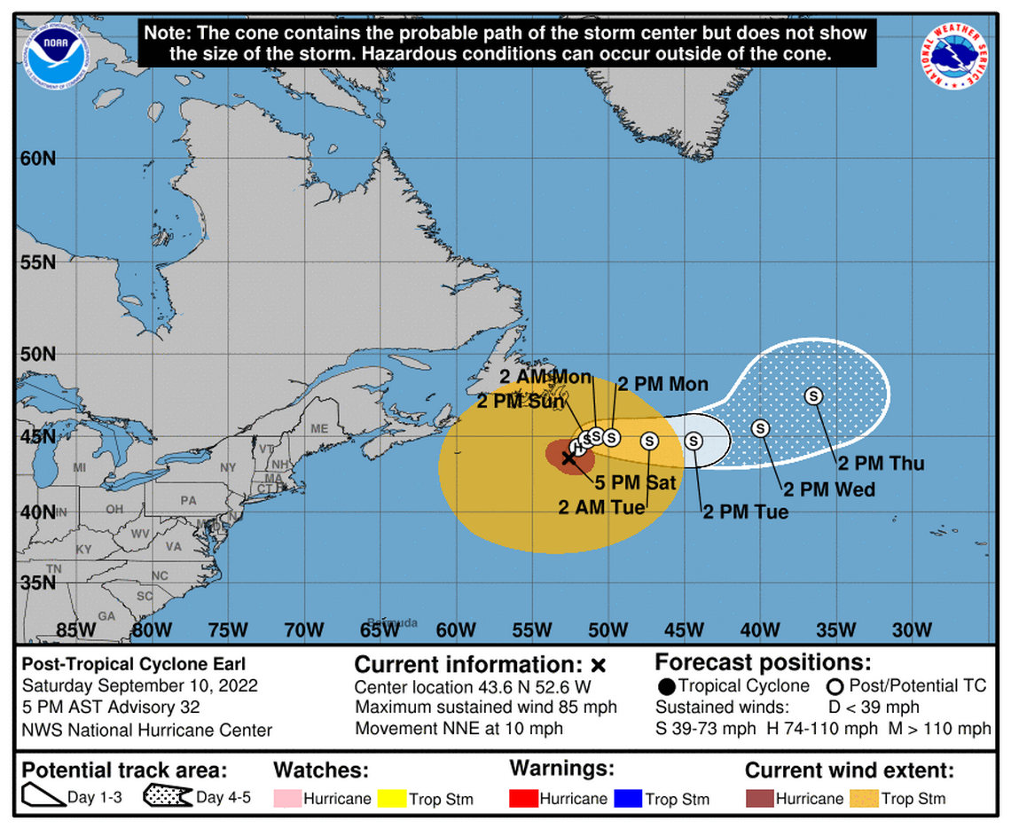 National Hurricane Center’s 5 p.m. Saturday, Sept. 10, 2022, tropics map for Hurricane Earl.