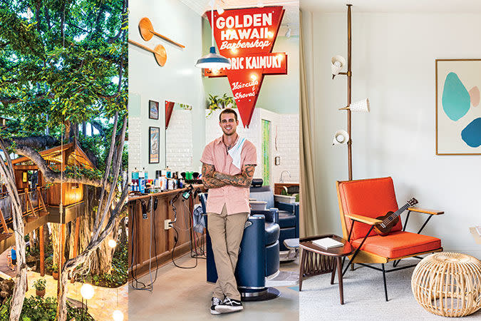 The legendary banyan tree that anchors (and shades) the International Marketplace; old-school barbering at Golden Hawaii Barbershop; midcentury interior at the new LayLow hotel