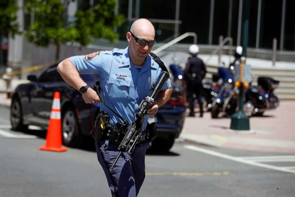 PHOTO: Law enforcement officers arrive near the scene of an active shooter, May 3, 2023 in Atlanta. (Alex Slitz/AP)