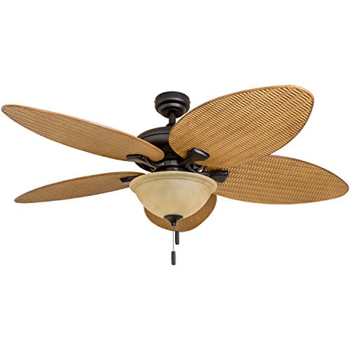 Honeywell Ceiling Fans 50507-01 Palm Valley 52-Inch Tropical Ceiling Fan with Tuscan Bowl Light, Five Reversible Leaf/Wicker Blades, Indoor/Outdoor, Sandstone (Amazon / Amazon)