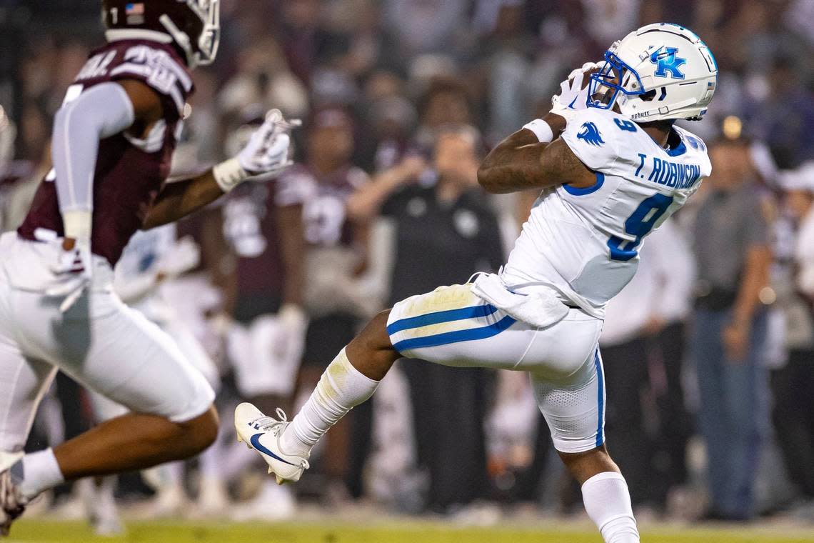 Kentucky wide receiver Tayvion Robinson (9) caught five passes for 91 yards in UK’s 24-3 win at Mississippi State last week. The super-senior, a transfer from Virginia Tech, will play his final game at Kroger Field on Saturday when the Wildcats take on No. 8 Alabama. Ryan C. Hermens/rhermens@herald-leader.com