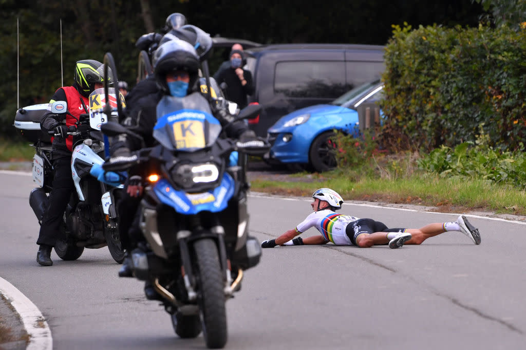  OUDENAARDE BELGIUM  OCTOBER 18 Julian Alaphilippe of France and Team Deceuninck  QuickStep World Champion Jersey  Crash  Motorbike  during the 104th Tour of Flanders 2020  Ronde van Vlaanderen  Men Elite a 2433km race from Antwerpen to Oudenaarde  RVV20  FlandersClassic  on October 18 2020 in Oudenaarde Belgium Photo by Luc ClaessenGetty Images 