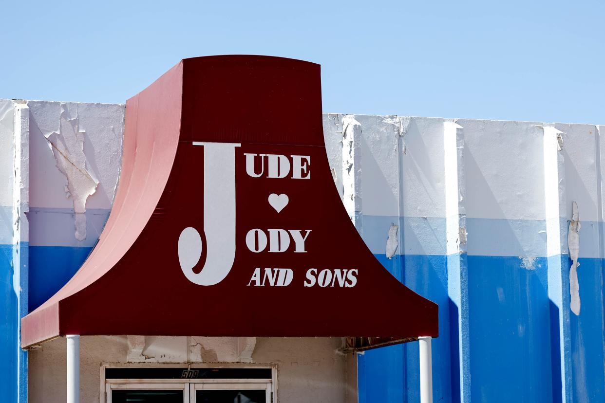 The awning is pictured April 4 ahead of the closure of Jude ’n’ Jody & Sons Furniture in Oklahoma City.