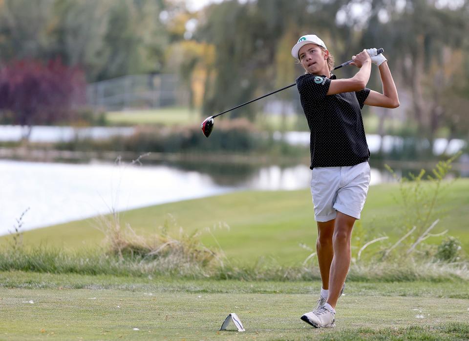 Olympus High School’s Will Pedersen competes in the 5A boys state golf championship at Fox Hollow Golf Club in American Fork on Tuesday, Oct. 10, 2023. Pedersen placed second as an individual after a playoff round. Olympus won as a team. | Kristin Murphy, Deseret News