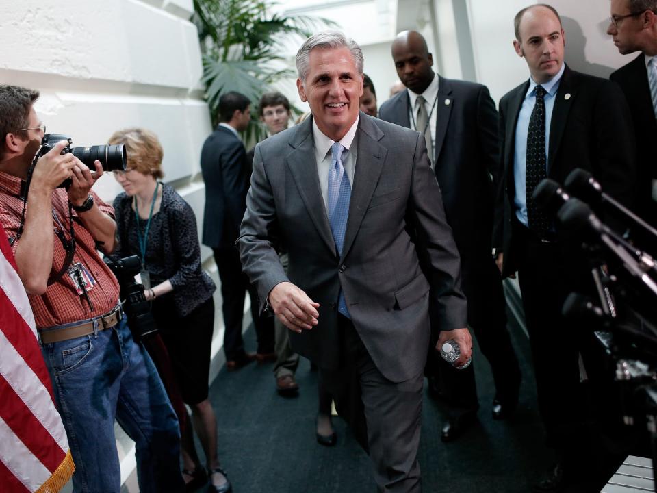 WASHINGTON, DC - JUNE 18: House Republican Whip, Rep. Kevin McCarthy (R-CA), leaves a meeting of the House Republican conference June 18, 2014 at the U.S. Capitol in Washington, DC. McCarthy is the favorite to be elected to the position of House Majority Leader tomorrow to replace Rep. Eric Cantor (R-VA) who was defeated in primary race last week. (Photo by Win McNamee/Getty Images)