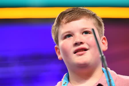 May 30, 2018; National Harbor, MD, USA; Matthew Dufour spelled the word enfeebled incorrectly during the 2018 Scripps National Spelling Bee at the Gaylord National Resort and Convention Center. Mandatory Credit: Jack Gruber-USA TODAY NETWORK