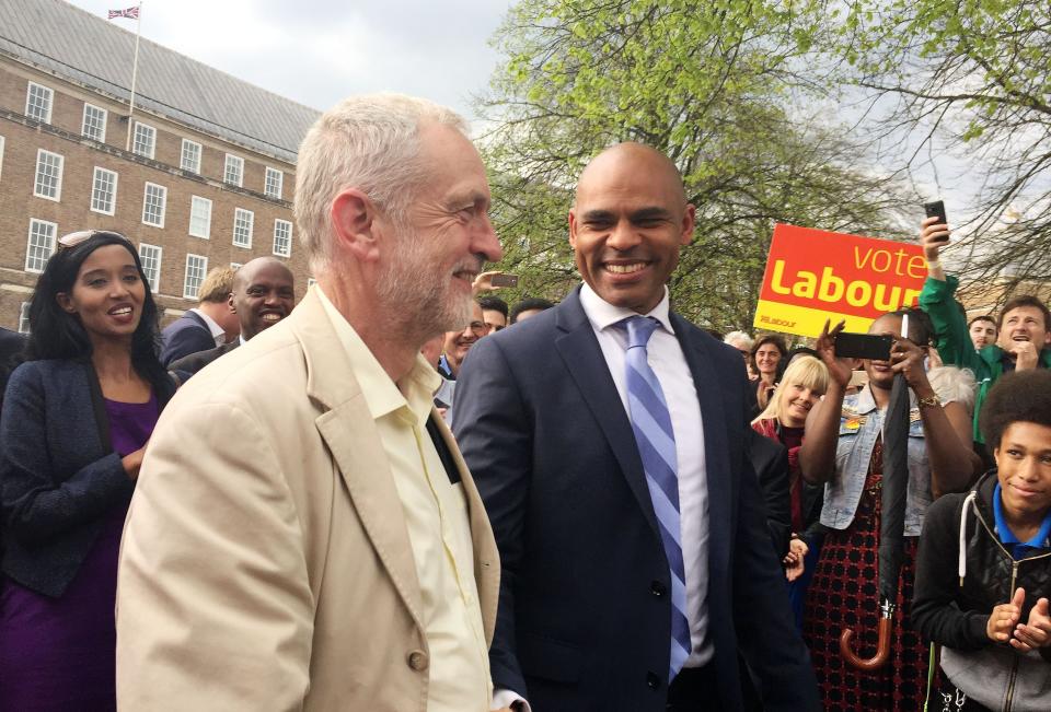 Leader of the Labour Party Jeremy Corbyn (left) with Labour's Marvin Rees who has been elected as the mayor of Bristol, ousting George Ferguson from the role, during a walk about at College Green, Bristol.