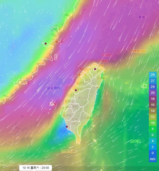 鄭明典PO出16日晚間8點時的風場預報圖。（圖／翻攝自鄭明典臉書）