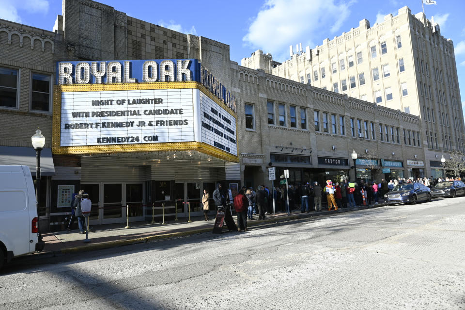 Supporters of Independent presidential candidate Robert F. Kennedy Jr. line up outside the Royal Oak Music Theatre to hear him speak during a campaign event, Sunday, April 21, 2024, in Royal Oak, Mich. (AP Photo/Jose Juarez)