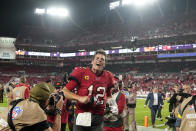 Tampa Bay Buccaneers quarterback Tom Brady (12) reacts to the fans as he runs off the field after an NFL football game against the New Orleans Saints in Tampa, Fla., Monday, Dec. 5, 2022. The Buccaneers won 17-16. (AP Photo/Chris O'Meara)