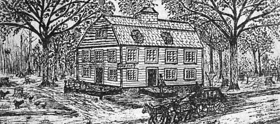 John Post left Schenectady in 1790 and settled in Old Fort Schuyler (in what is now Utica). He built a house (shown here in a sketch made by his daughter) on the west side of lower Genesee Street near Whitesboro Street. It was said to be the first frame house built in the area (the others being log houses). Post built a store in what is now Bagg’s Square and became one of the village’s first successful merchants, dealing in such items as tobacco, blankets, furs and ammunition. By 1802, he was the village’s highest taxpayer —at $2 a year. Post was a veteran of the Revolutionary War and was with Gen. George Washington on October 19, 1781 at Yorktown, Virginia, when British Gen. Charles Cornwallis surrendered to the Americans, leading to the end of the war.