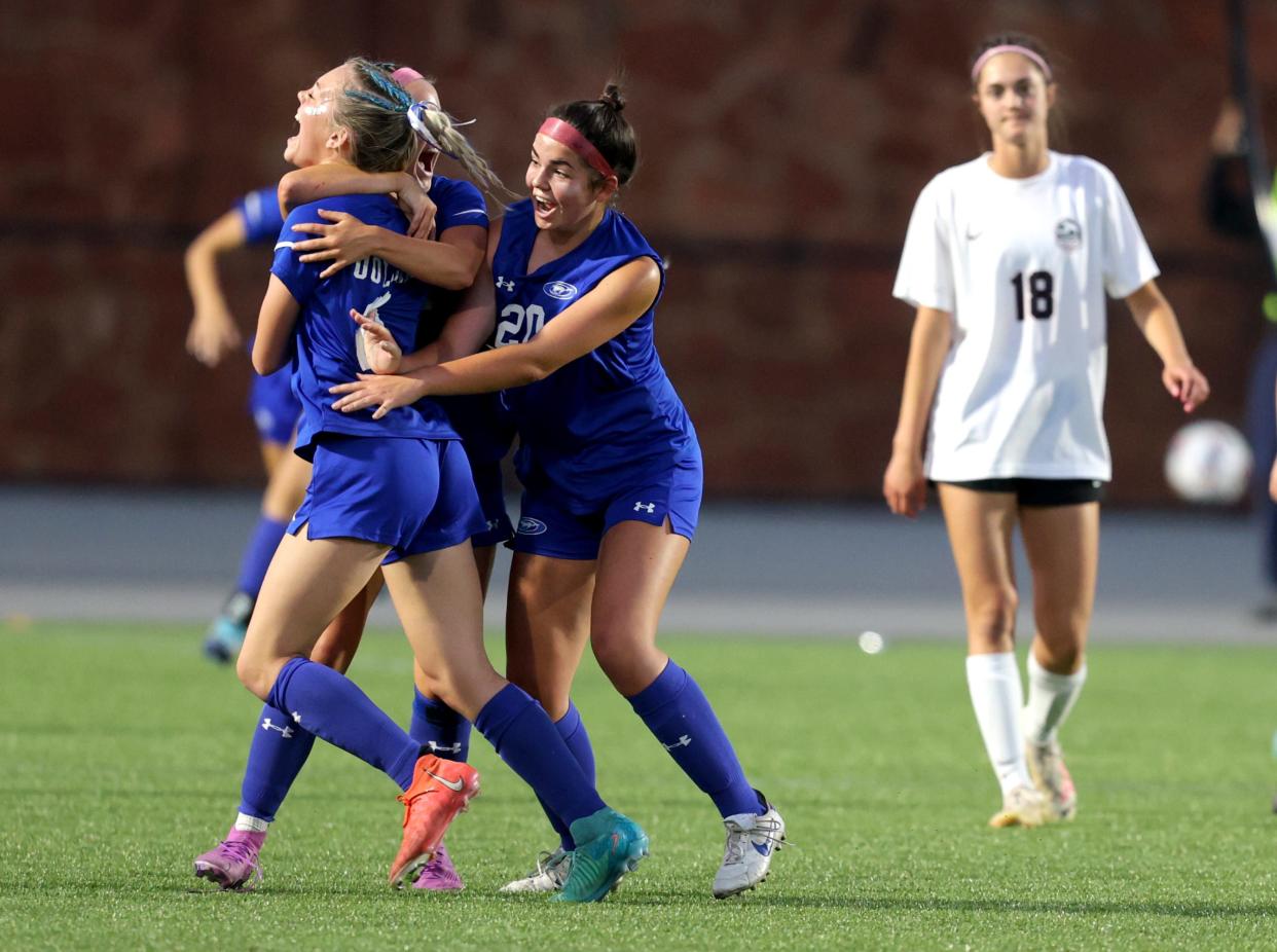 Oologah celebrates a goal during the Class 4A girls state soccer championship game between Weatherford and Oologah at Taft Stadium in Oklahoma City, Friday, May, 10, 2024.