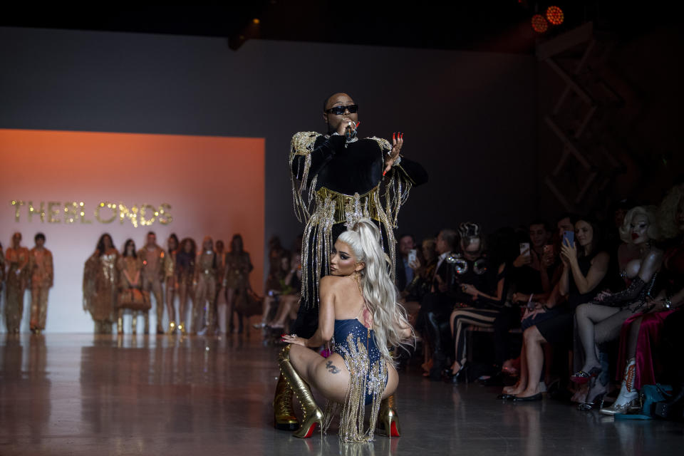 Saucy Santana and Nikita Dragun perform at The Blonds fashion show at Spring Place on Wednesday, Sept. 14, 2022, in New York. (AP Photo/Brittainy Newman)