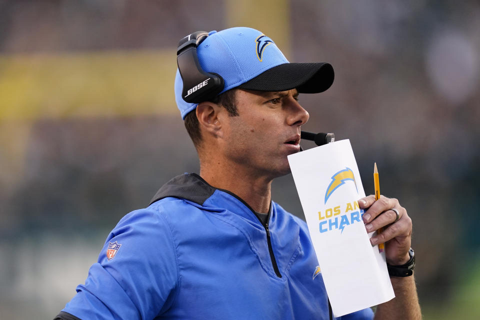 Los Angeles Chargers head coach Brandon Staley watches action during the first half of an NFL football game against the Philadelphia Eagles on Sunday, Nov. 7, 2021, in Philadelphia. (AP Photo/Matt Rourke)