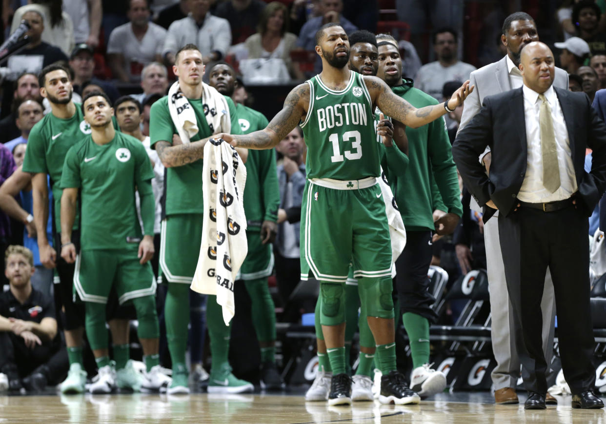 Marcus Morris isn’t letting his work in Boston take away from his Philadelphia fandom in the run up to the Super Bowl. (AP)