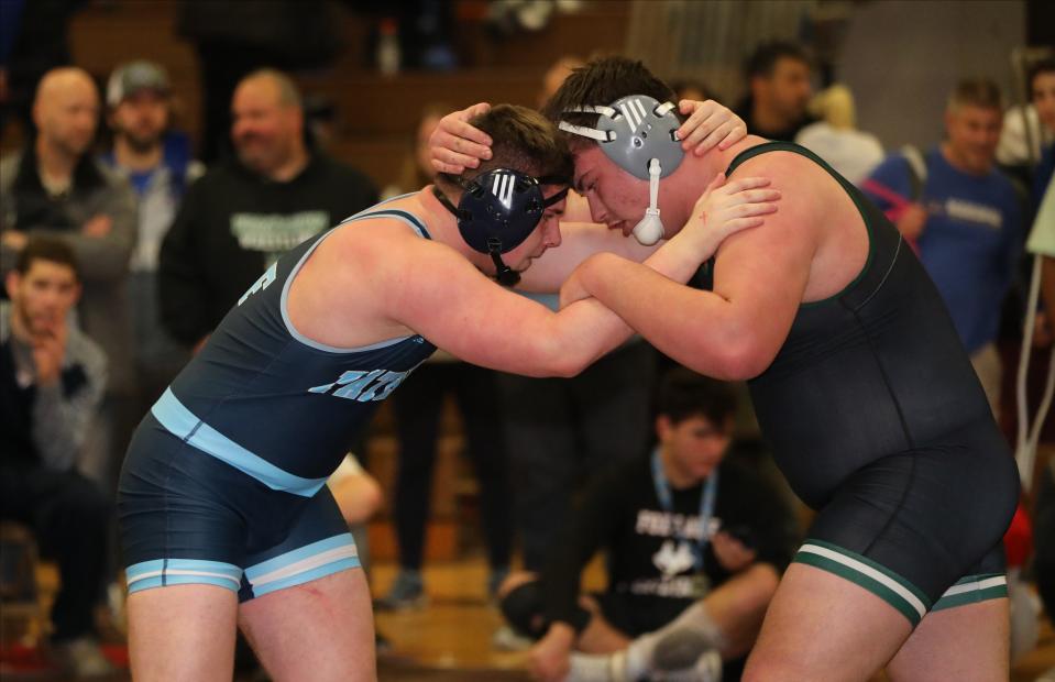 Michael Mauro from John Jay EF on his way to defeating George Gjergji from Yorktown in the 285 pound match during the wrestling divisional at Clarkstown South High School in West Nyack, Feb. 3, 2024.