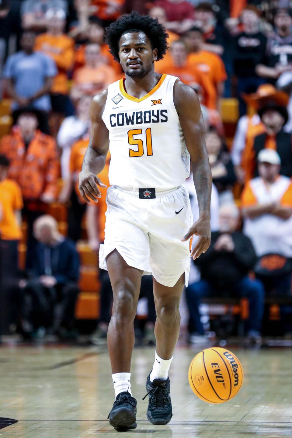 Oklahoma State guard John-Michael Wright (51) works up court in the first half of a NIT game against North Texas on March 21 at Gallagher-Iba Arena in Stillwater.