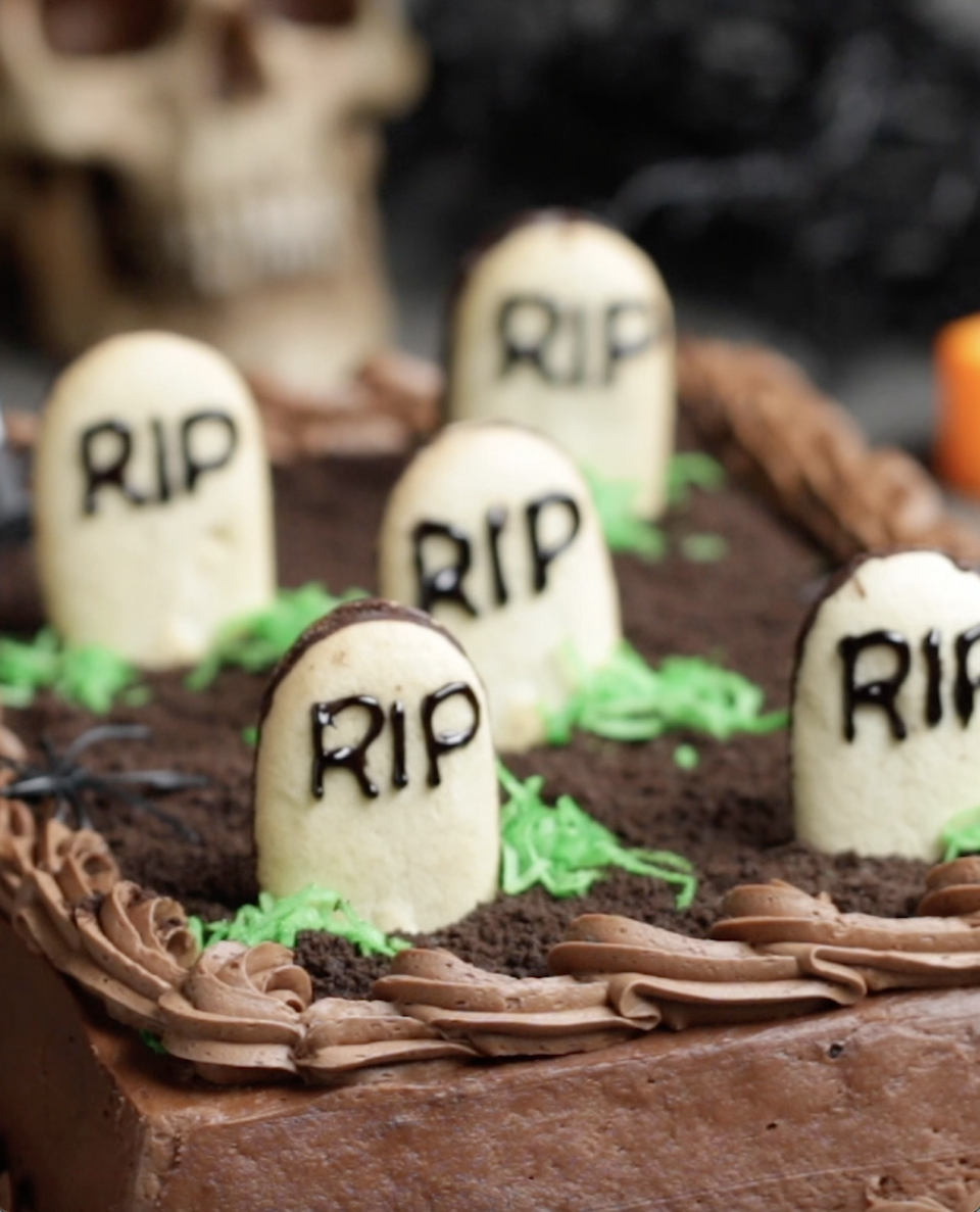Perfect for a Halloween baking show, this decadent chocolate cake only takes a few extra steps to create a graveyard scene ripe with creepy crawlies and a shovel, too. Recipe: Chocolate Cake Graveyard