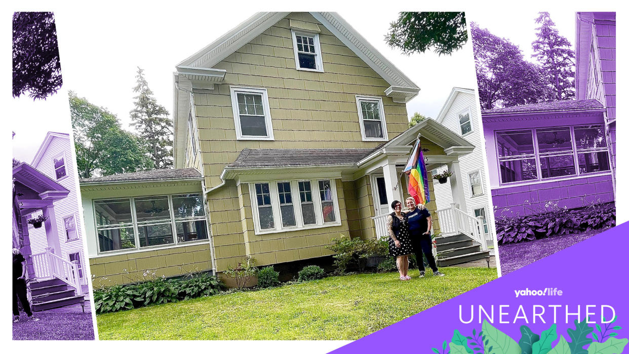 The writer, left, and her wife in front of their Rochester net-zero home. 