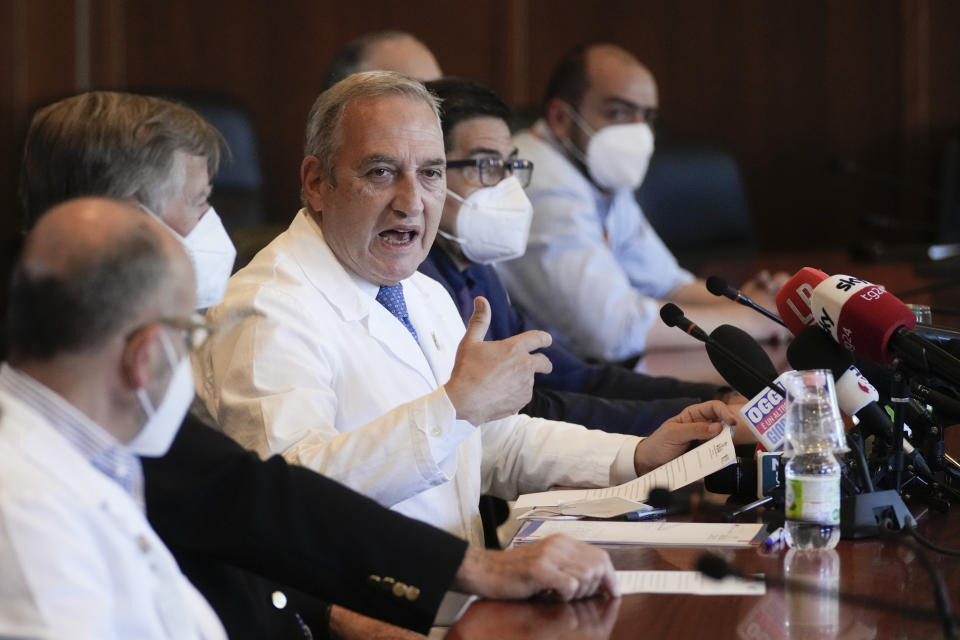 Spallanzani infectious disease hospital director Francesco Vaia talks to reporters during a press conference, in Rome, Friday, May 20, 2022. Vaia said that three cases of monkeypox have been confirmed and isolated at the Spallanzani hospital in two patients who traveled to the Canary islands, and one to Vienna. (AP Photo/Andrew Medichini)