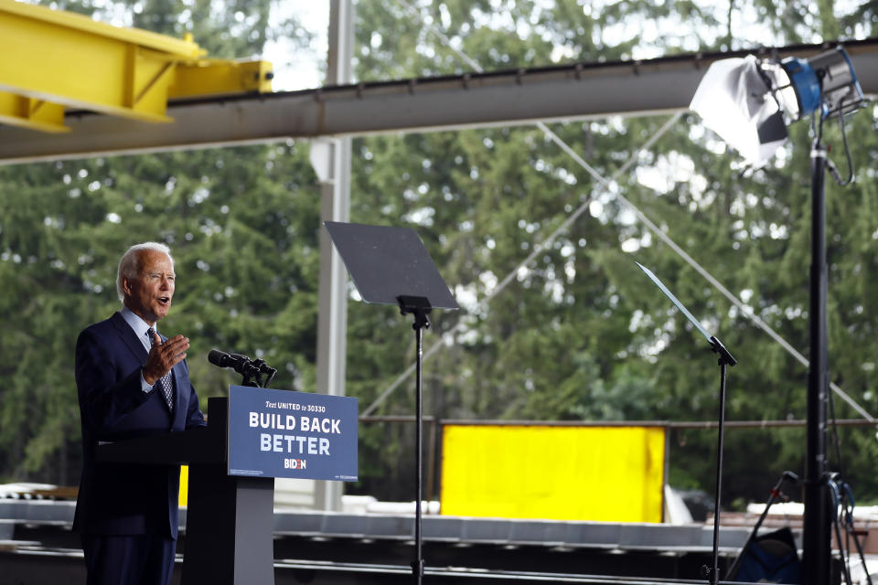 Democratic presidential candidate former Vice President Joe Biden speaks at McGregor Industries in Dunmore, Pa., Thursday, July 9, 2020. (AP Photo/Matt Slocum)