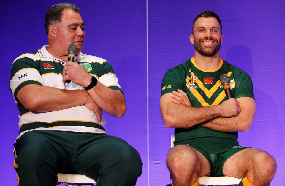 Rugby League - Rugby League World Cup Launch - Science and Industry Museum, Manchester, Britain - October 10, 2022 Australia coach Mal Meninga and James Tedesco during the launch  Action Images/Ed Sykes