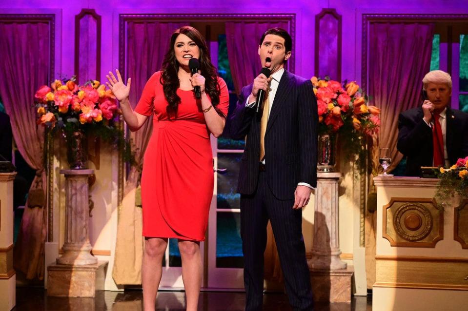 Pictured: (l-r) Cecily Strong as Kimberly Guilfoyle and Mikey Day as Donald Trump Jr. during the “Fox News Ukraine” Cold Open on Saturday, March 5, 2022.