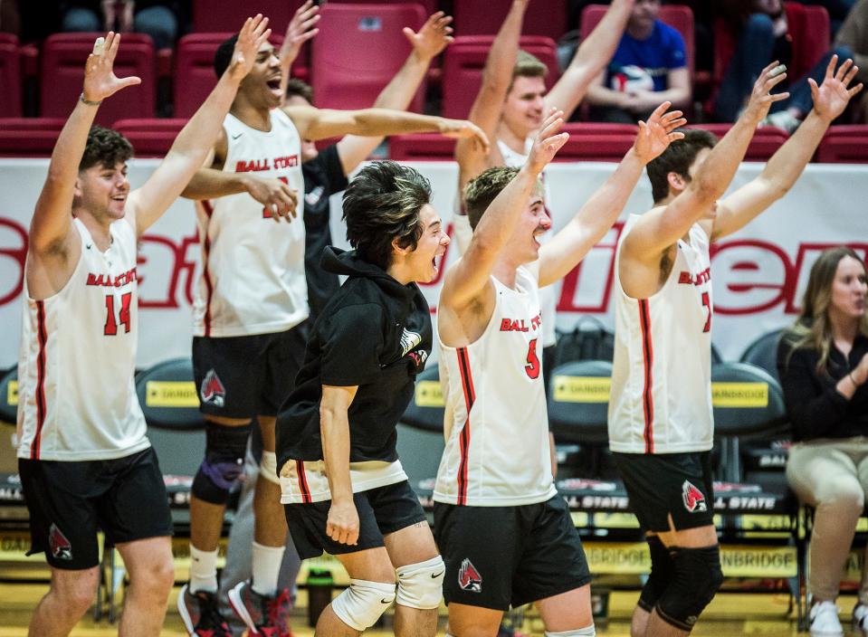 Ball State men's volleyball celebrates a point during its MIVA semifinal match against Lewis at Worthen Arena Wednesday, April 20, 2022. Ball State swept Lewis 3-0 to advance to its first MIVA championship match since 2009.