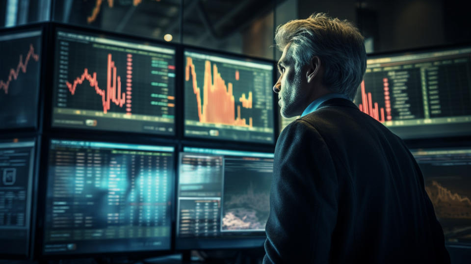 An experienced asset manager in front of a bank of financial information screens, working on a complex deal.