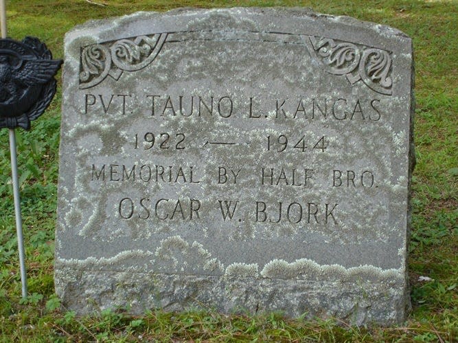 The memorial marker for Pvt. Tauno Kangas at the Pine Grove Cemetery in Templeton.