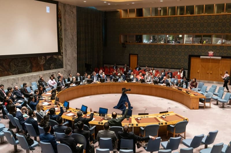 Algeria, China, Russia, Ecuador, Guyana, Mozambique, Sierra Leone vote to adopt draft resolution during the Security Council meeting on non-proliferation of weapons in space at UN Headquarters. Lev Radin/ZUMA Press Wire/dpa