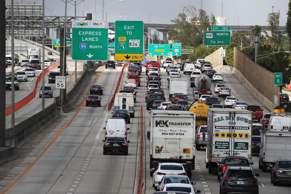 Heavy traffic is seen along I-95 on February 12, 2018 in Miami, Florida.